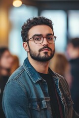 Fototapeta premium Young man, glasses, beard, denim jacket, serious expression.