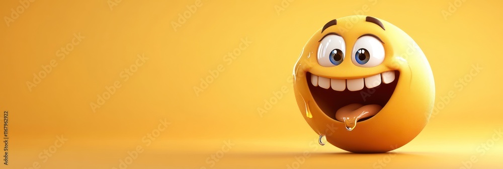 Poster 3d rendering of a happy, laughing egg emoticon with a drooling tongue against a yellow background.