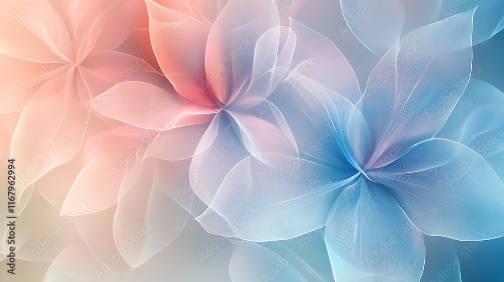 Poster an abstract floral background with overlapping translucent flower shapes, blending seamlessly to cre