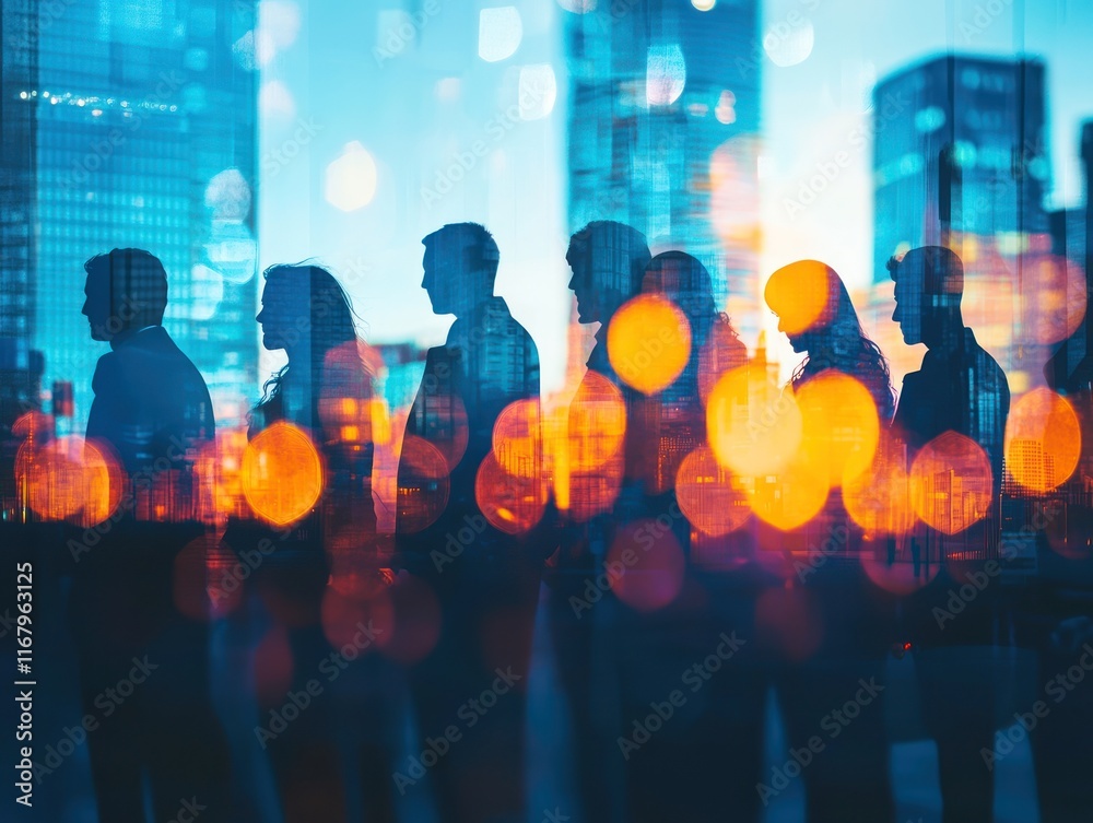 Aufkleber silhouetted figures of diverse people standing in a row against a blurred city backdrop at night.