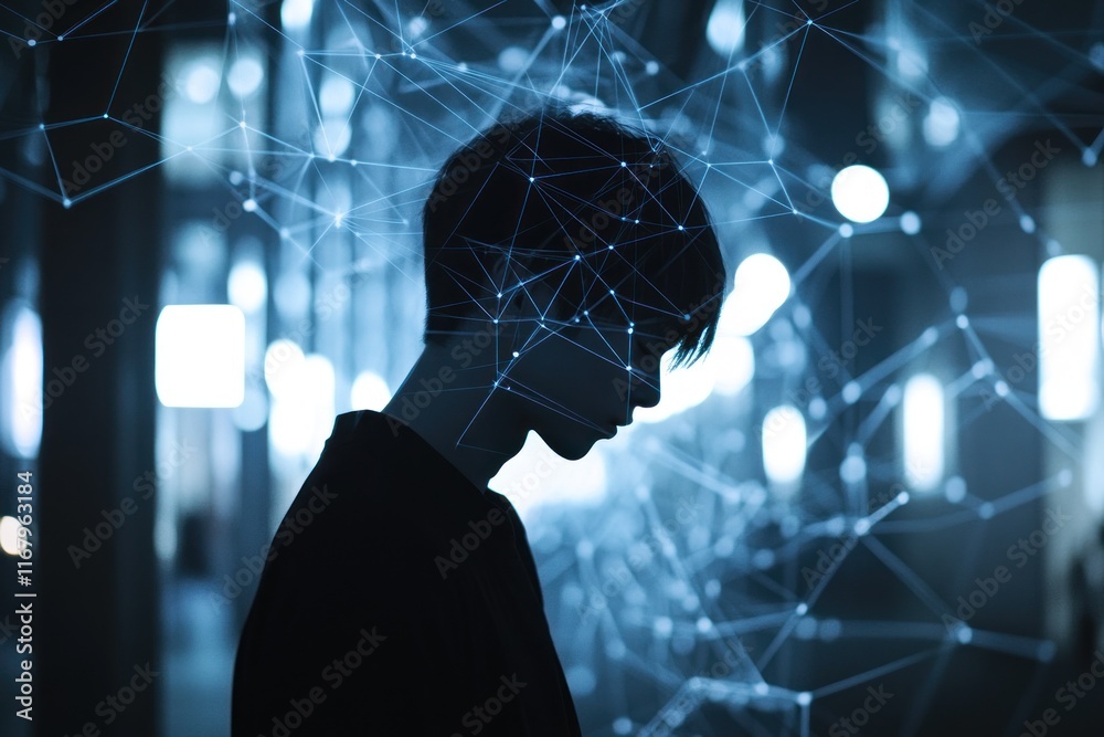 Poster Silhouette of a person with a network connection overlay.