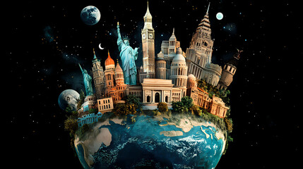 Of a trip around the world with famous landmarks on a globe, world travel. Wanderlust. Illustration