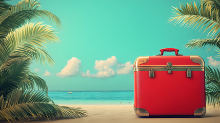 Red suitcase with beach scene on its surface, symbolizing travel and adventure. vibrant colors evoke sense of excitement and wanderlust. Wanderlust. Illustration