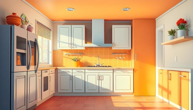 A brightly colored, empty modern kitchen interior in cartoon style, creating a vibrant and inviting scene perfect for a game background