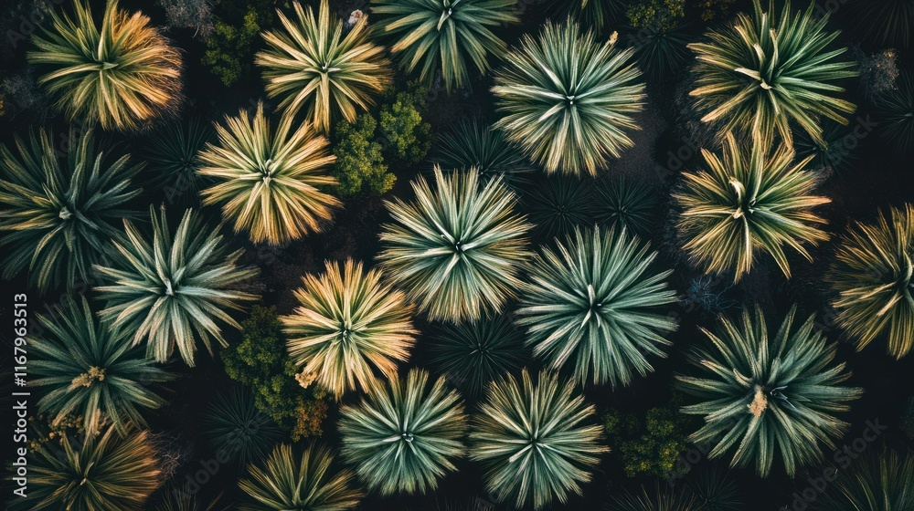 Poster aerial view of agave plants in a field, showing a geometric pattern of various shades of green and y
