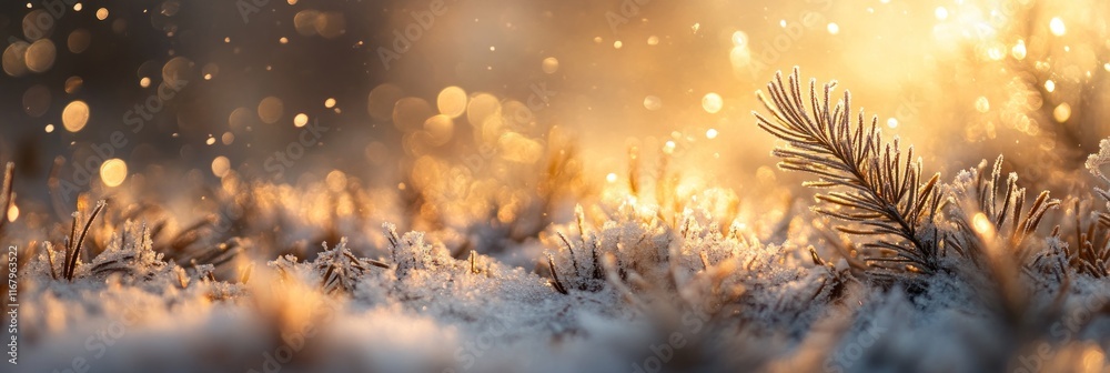 Poster frosty winter scene with sunlit pine branch and bokeh.