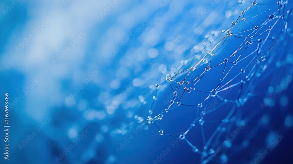 Poster Abstract blue network mesh background with bokeh effect.