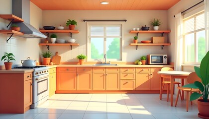 A brightly colored, empty modern kitchen interior in cartoon style, creating a vibrant and inviting scene perfect for a game background