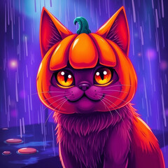 Pumpkin Cat Under a Rainy Day