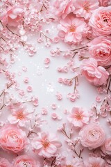 a close-up of a pink rose in bloom. composition of a floral frame. top, empty area, and flat lay
