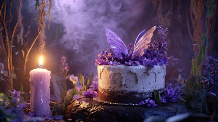 Enchanting purple fairy cake with candle, flowers, and mystical fog.
