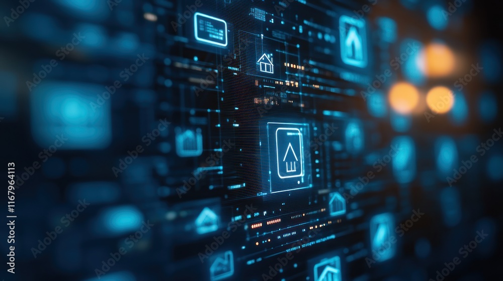 Poster Abstract digital interface with home icons and data streams, representing smart home technology.