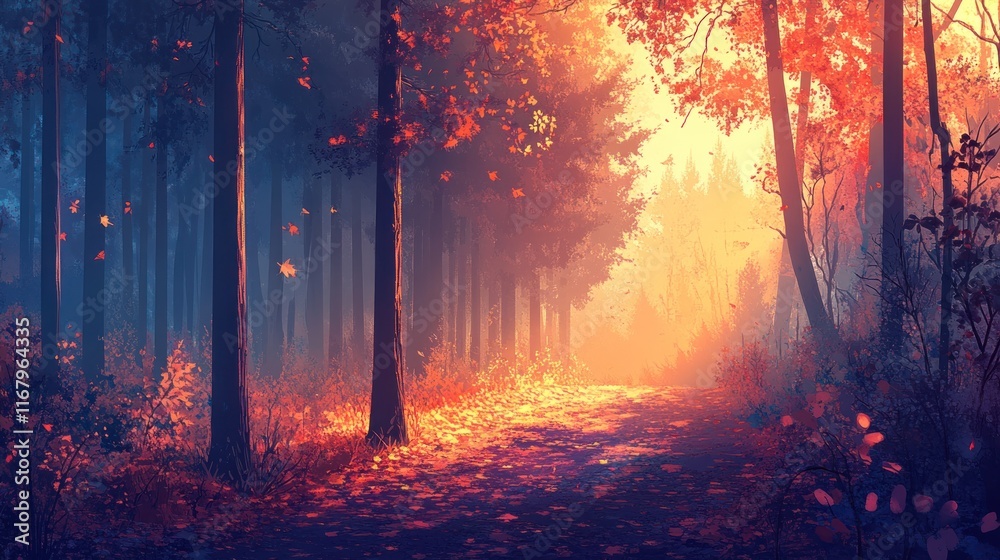 Poster sunlit autumn path through a mystical forest with red and orange leaves.