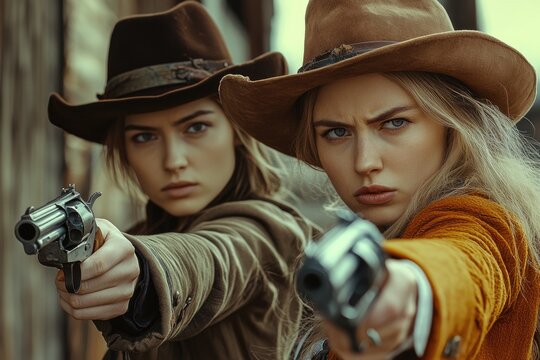 Western style: cowgirl hats, wild west fashion, rugged attire, frontier spirit, adventurous look, western culture, pioneer lifestyle, vintage trunks, bold characters, female empowerment.