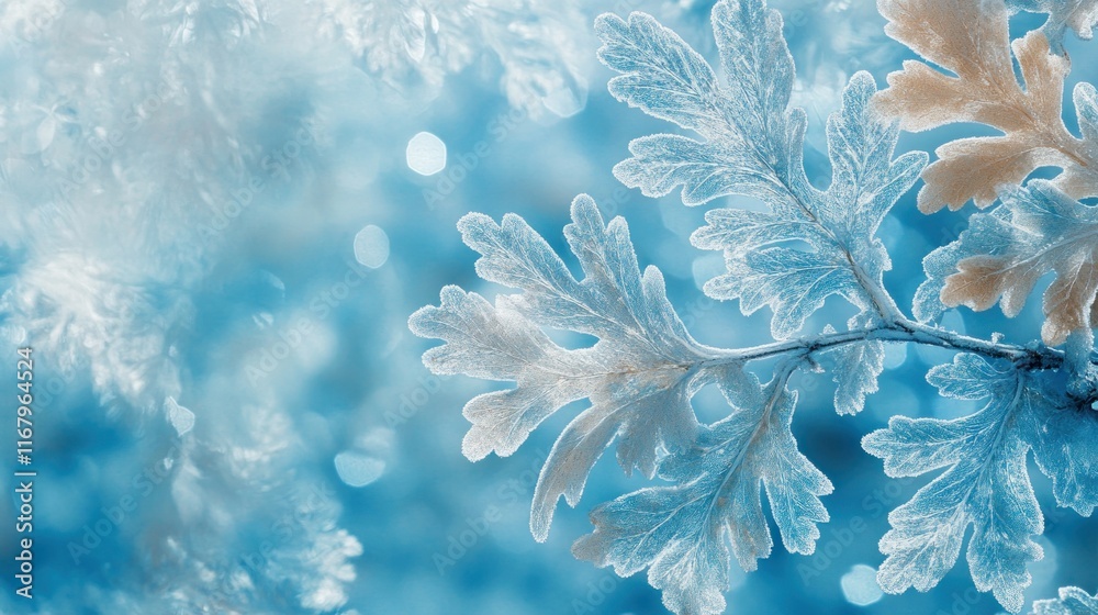 Poster close-up of frosty, textured leaves with a blurred, bokeh background in cool blue tones.