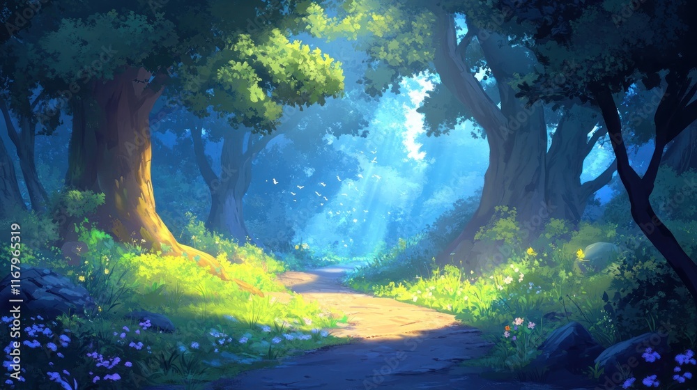 Poster sunlit path through a lush, green forest with wildflowers and large trees.