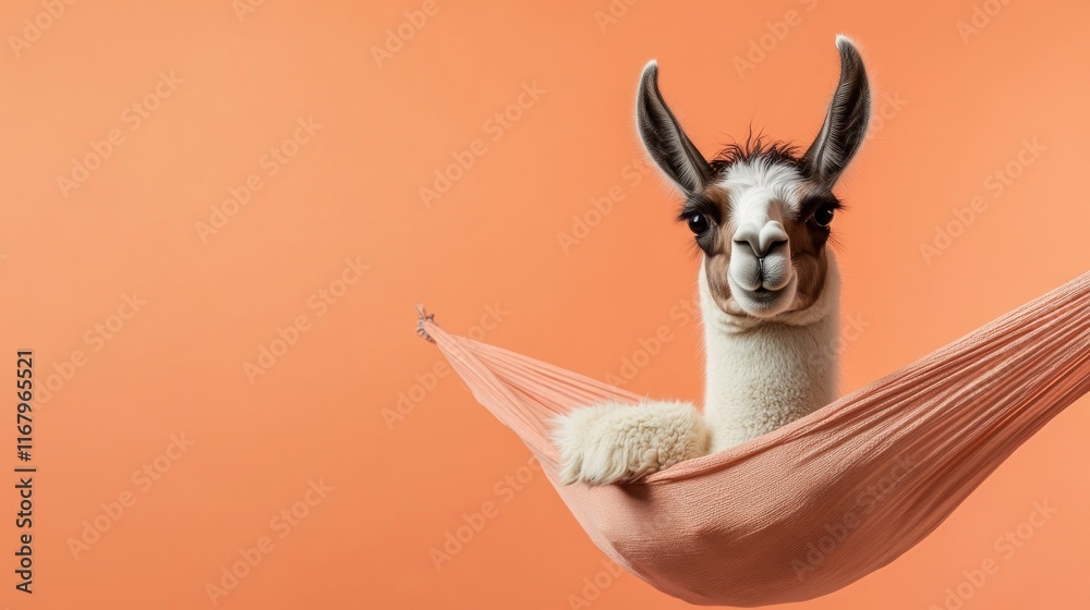 Poster a curious llama rests in a peach-colored hammock against a coral background.
