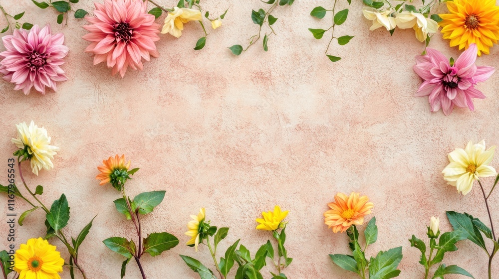 Poster colorful dahlia flowers and greenery arranged in a frame on a peach background.