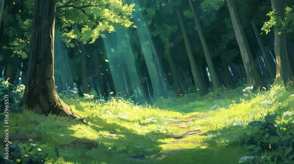Poster sunlit path through lush green forest with tall trees and wildflowers.