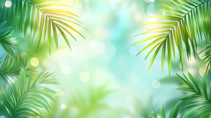 Fototapeta na wymiar Lush green palm leaves frame a bright, blurred tropical background.