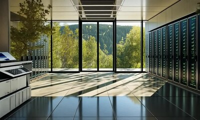 Modern Data Center with Mountain View: Eco-Friendly Server Room Design - Powered by Adobe