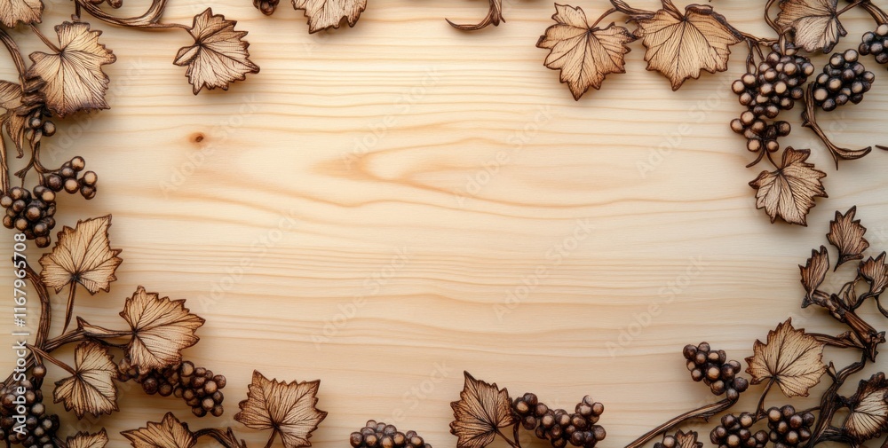 Aufkleber wooden background with pyrography grapevine border.