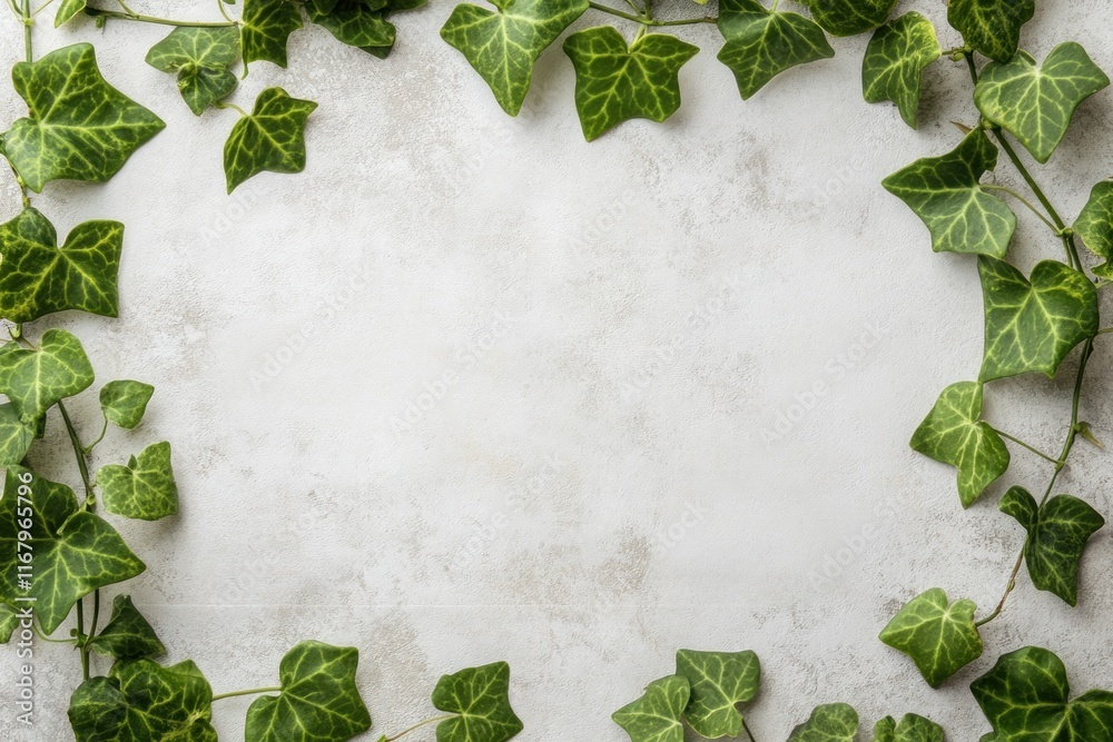 Leinwandbilder Overhead view of fresh green ivy leaves forming a frame on a light gray textured background, with copy space in the center.