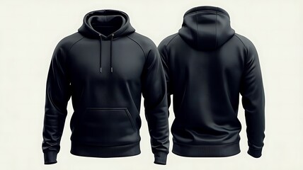 Realistic Black Hoodie Mockup in Front and Back Views on a Plain White Background