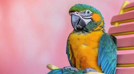 Vibrant blue-and-gold macaw parrot perched on a pink chair against a soft pink background.