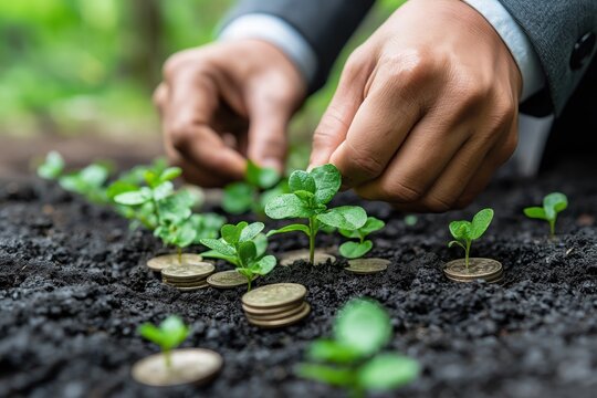 Investindo no futuro: m&atilde;os plantam moedas que germinam em crescimento financeiro