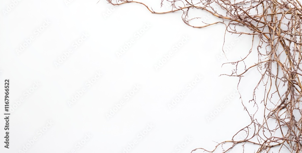 Poster dried vines arranged on white background, forming a border with copy space.