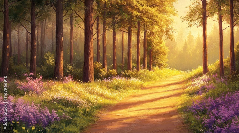 Poster sunlit path winding through a vibrant forest with wildflowers and tall trees.