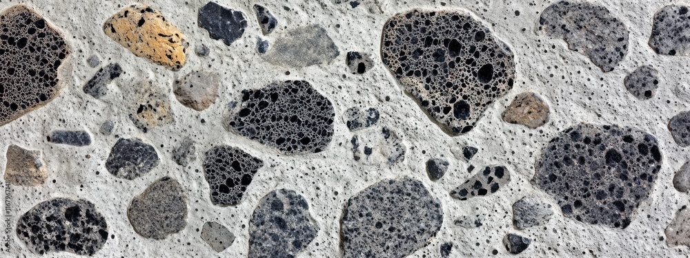 Leinwandbilder close-up of a textured stone wall with various sizes and colors of embedded rocks.