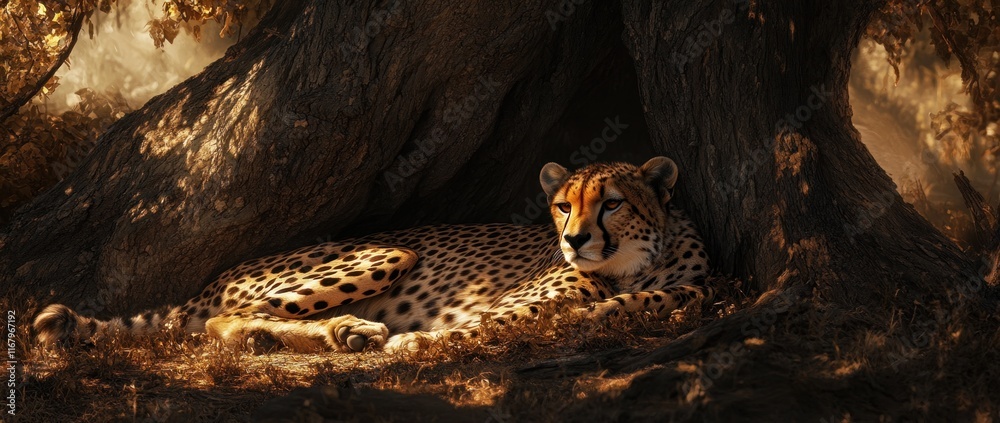 Poster cheetah resting under a large tree in golden sunlight. (1)