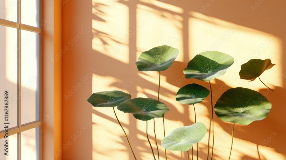 Poster sunlight streams through a window illuminating large green leaves against a peach wall.