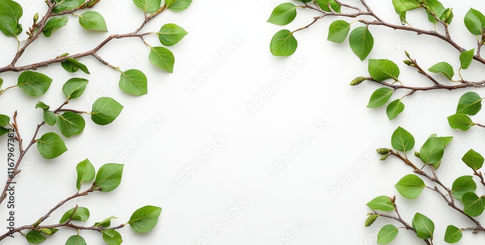 Poster fresh green branches with leaves arranged symmetrically on white background, creating a frame.