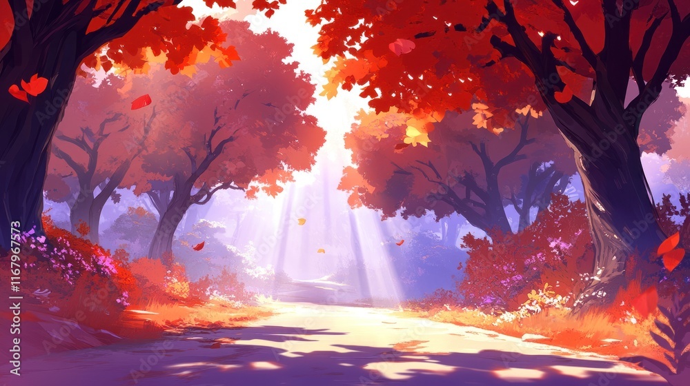 Poster sunlit path through autumn forest with vibrant red and purple foliage.