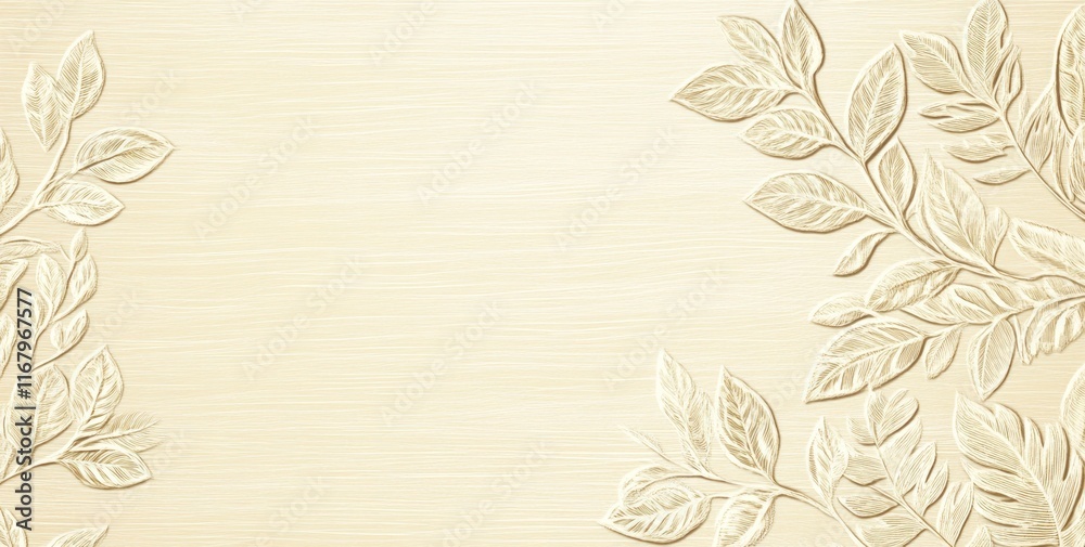Poster elegant beige background with embossed leaf branches.