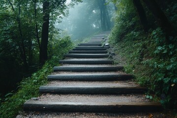 Wooden steps ascend through misty, green forest.