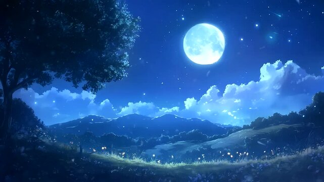 Starry night over rolling hills with glowing moonlight and serene ambiance. Seamless looping 4k video background