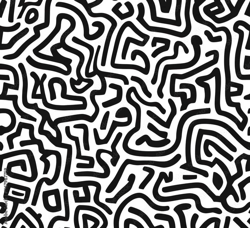 Wall mural abstract black and white seamless pattern with intricate maze-like lines and shapes.