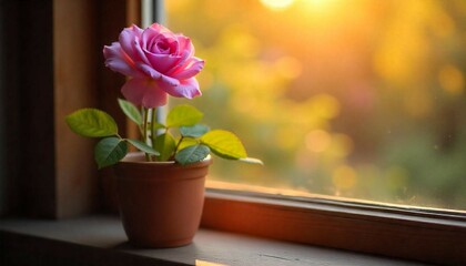 Purple rose flower and window with sun light copy space blurred background