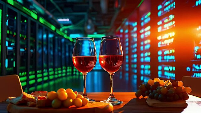 Server room wine tasting Two glasses of red wine, cheese, grapes on a table.