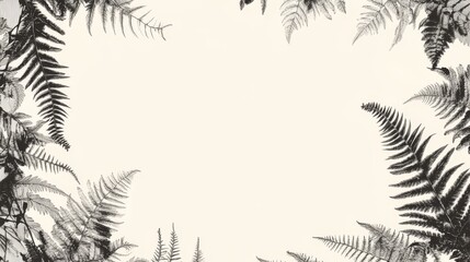 Naklejka premium 1.A highly detailed vector illustration featuring a lush fern frond frame, elegantly surrounding the edges of a blank space. The frame is made of delicate bracken fern leaves, each intricately drawn