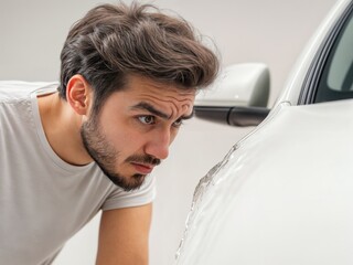 Homem observa um amassado no carro com expressão de preocupação em fundo cinza, representando inspeção, acidentes urbanos, entre outros