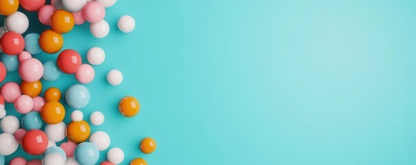 A vibrant arrangement of colorful spheres on a turquoise background, creating a playful and cheerful atmosphere.