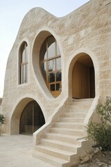 Stone building, arched windows, entryway stairs.