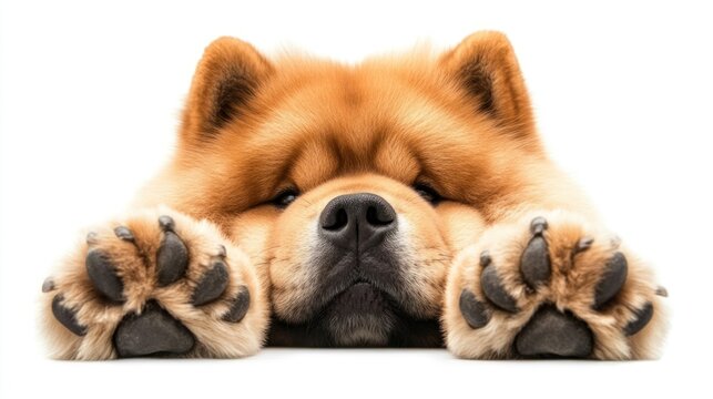 recommend clip art: Adorable Chow Chow dog lying down, paws forward, isolated on white background.