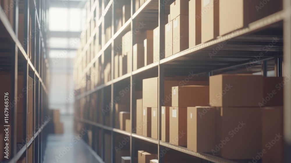 Poster sunlit warehouse aisle with rows of stacked cardboard boxes on shelves.