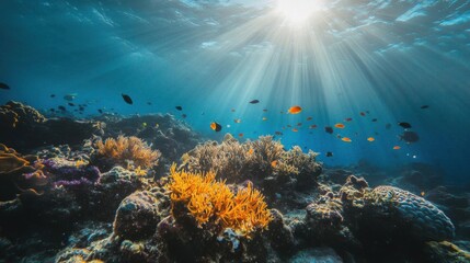 Fototapeta premium Underwater Coral Reef Scene: Sunbeams, Fish, and Vibrant Colors